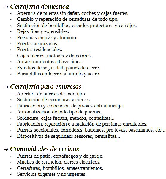 listado de servicios que ofrecemos como cerrajeros godella